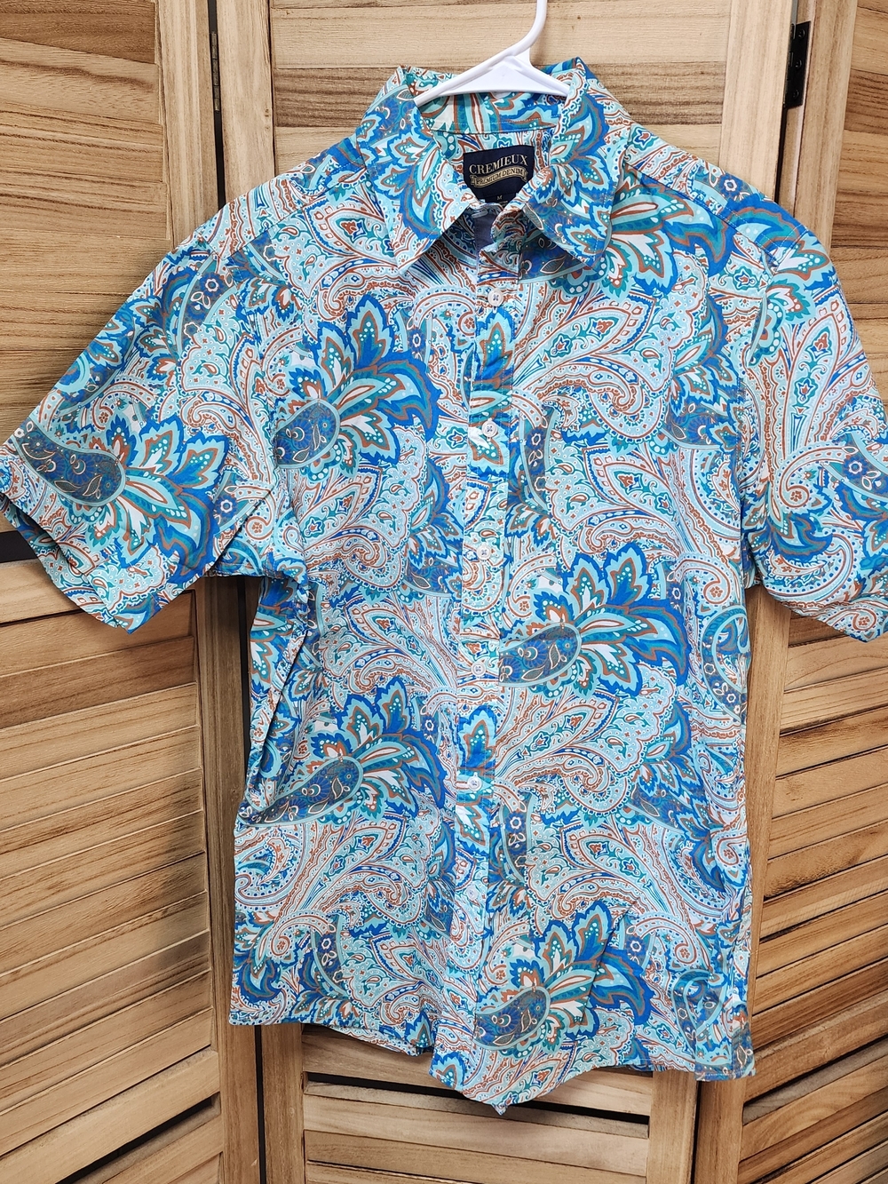 Cremieux Premium Denim Paisley Button Down Shirt Blue Orange Men’s Medium Stretc